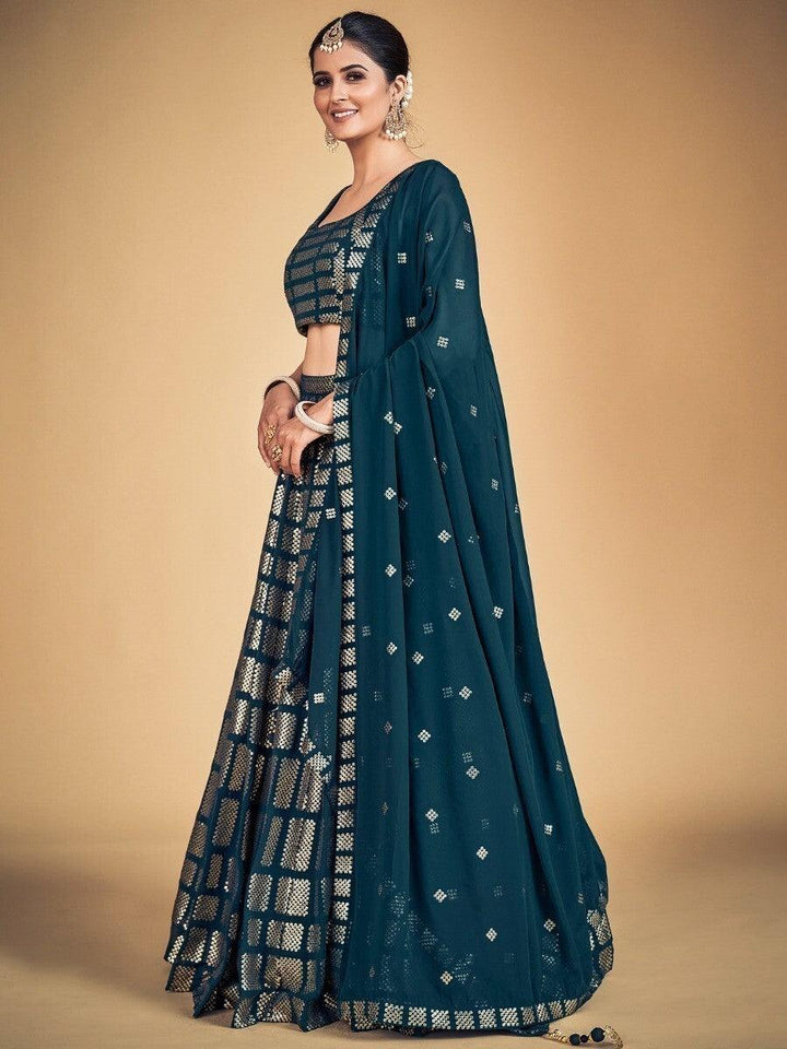 Teal Blue Sequins Georgette Engagement Lehenga Choli