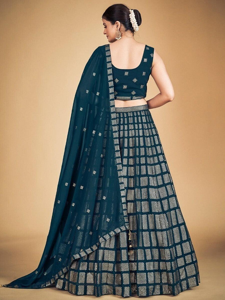Teal Blue Sequins Georgette Engagement Lehenga Choli