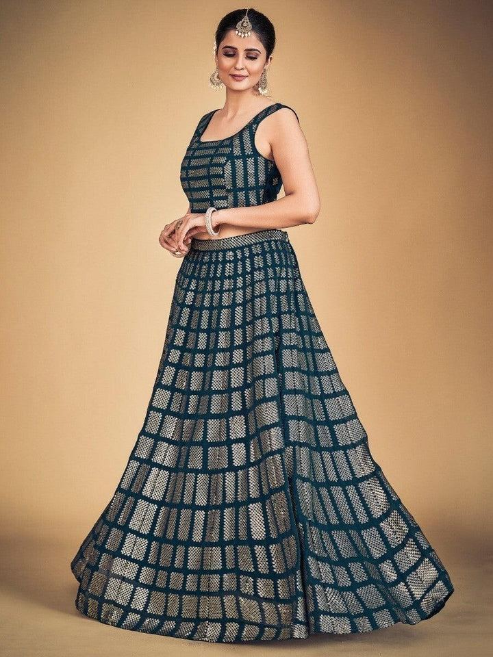 Teal Blue Sequins Georgette Engagement Lehenga Choli