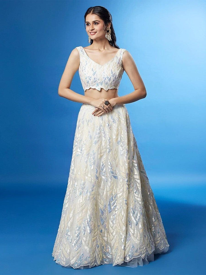 White Sequins Net Sangeet Wear Lehenga Choli With Dupatta