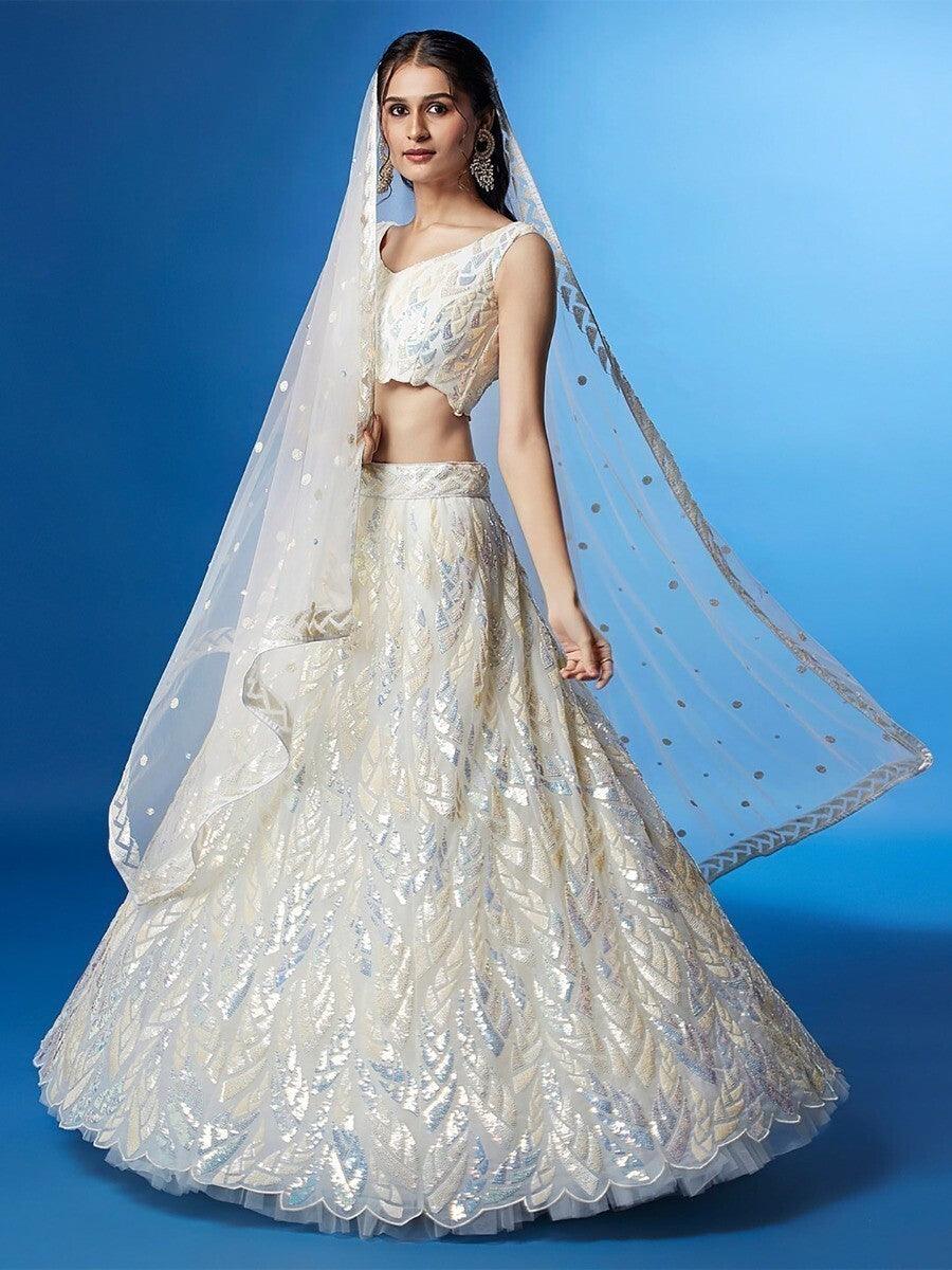 White Sequins Net Sangeet Wear Lehenga Choli With Dupatta