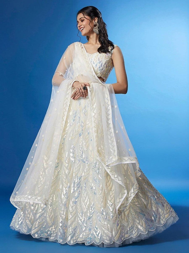 White Sequins Net Sangeet Wear Lehenga Choli With Dupatta