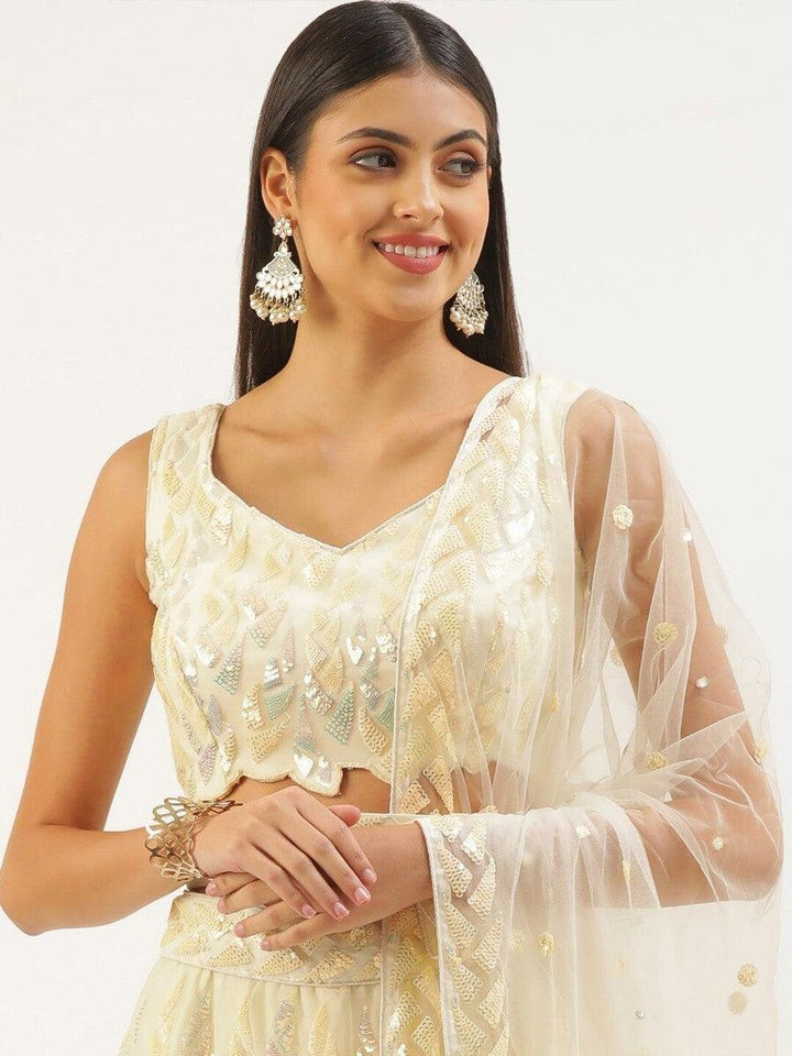 Beige Sequins Net Festive Wear Lehenga Choli With Dupatta