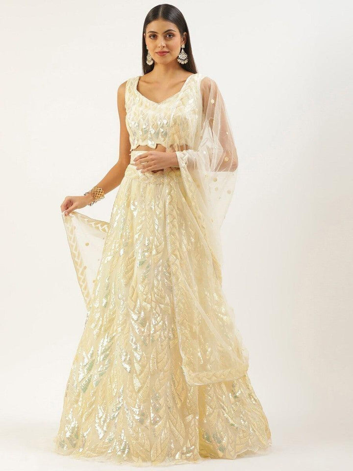 Beige Sequins Net Festive Wear Lehenga Choli With Dupatta