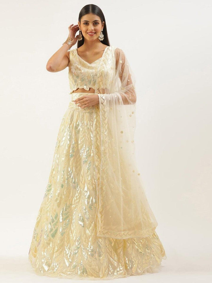 Beige Sequins Net Festive Wear Lehenga Choli With Dupatta