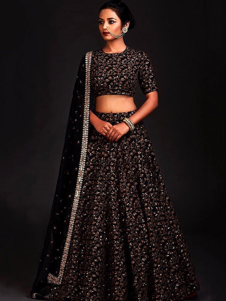 Pattern Golden Sequins Black Silk Lehenga Choli Set