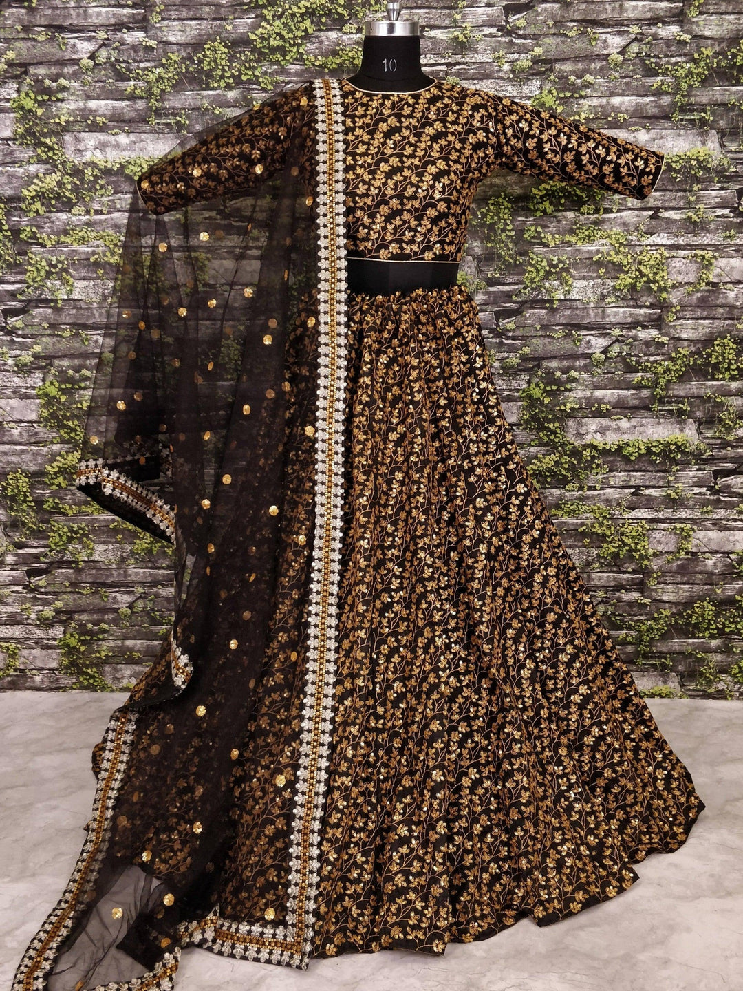 Pattern Golden Sequins Black Silk Lehenga Choli Set