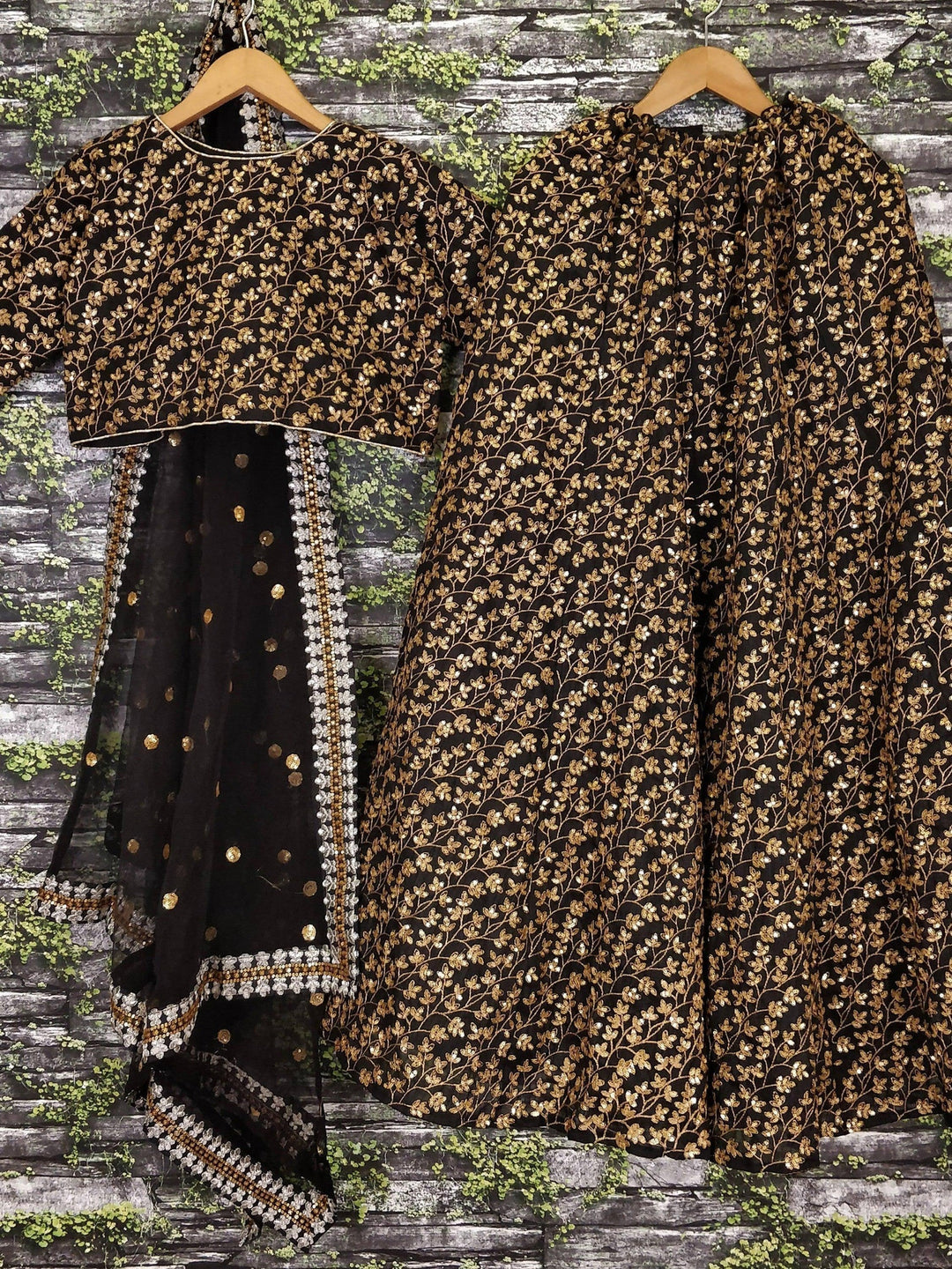 Pattern Golden Sequins Black Silk Lehenga Choli Set