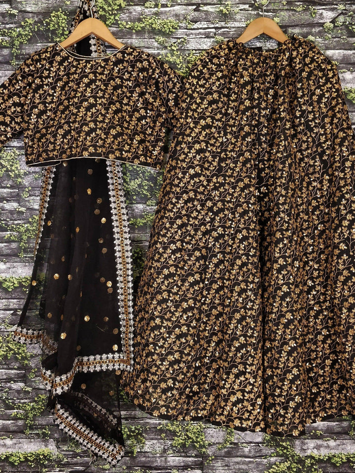 Pattern Golden Sequins Black Silk Lehenga Choli Set
