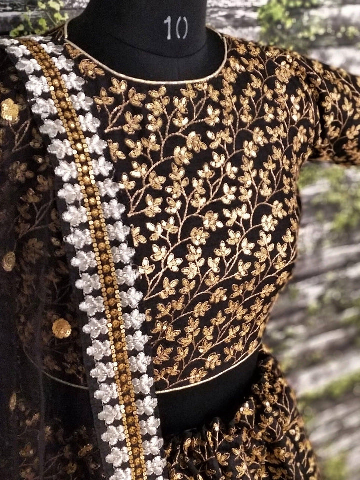 Pattern Golden Sequins Black Silk Lehenga Choli Set