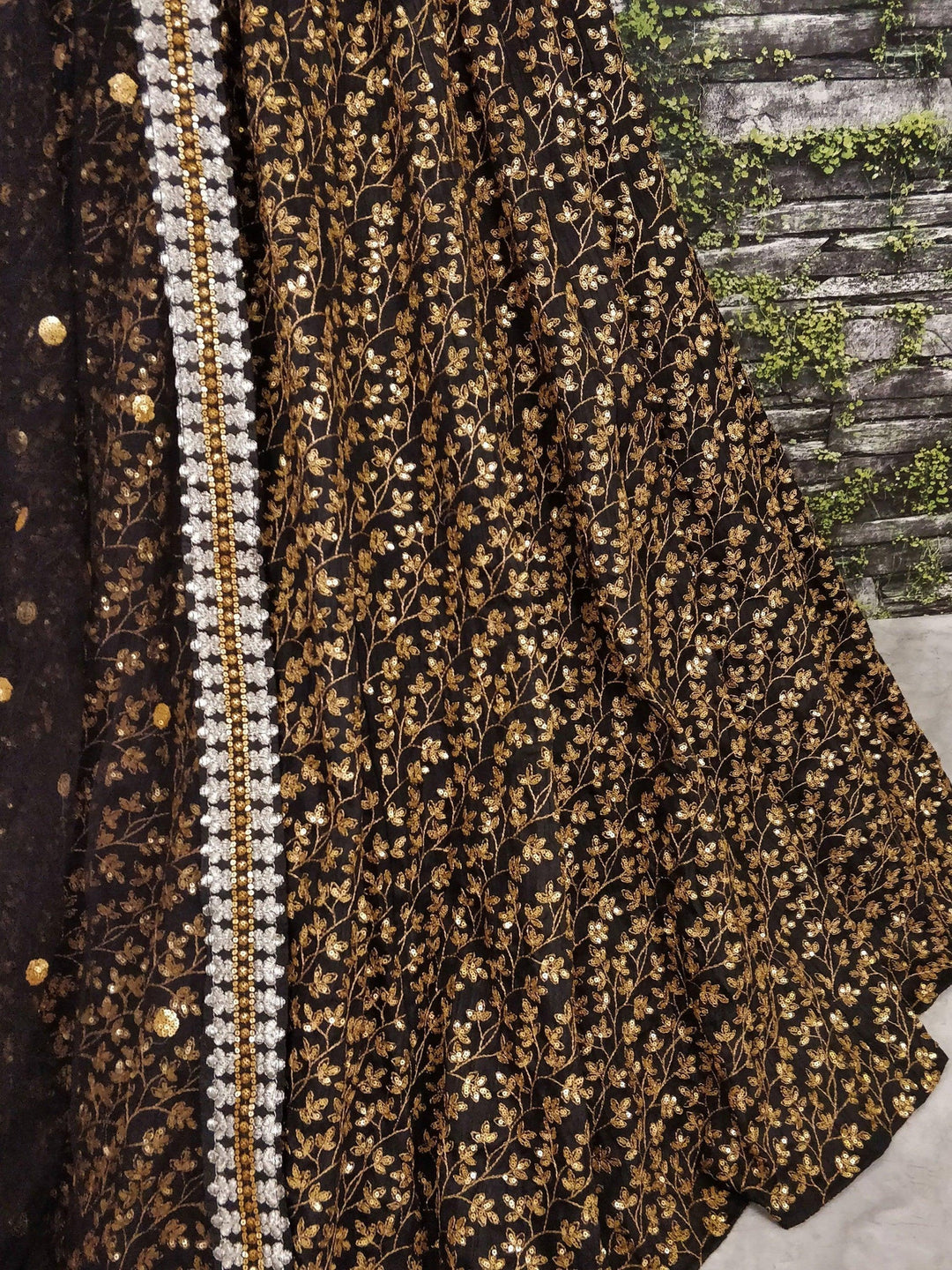 Pattern Golden Sequins Black Silk Lehenga Choli Set
