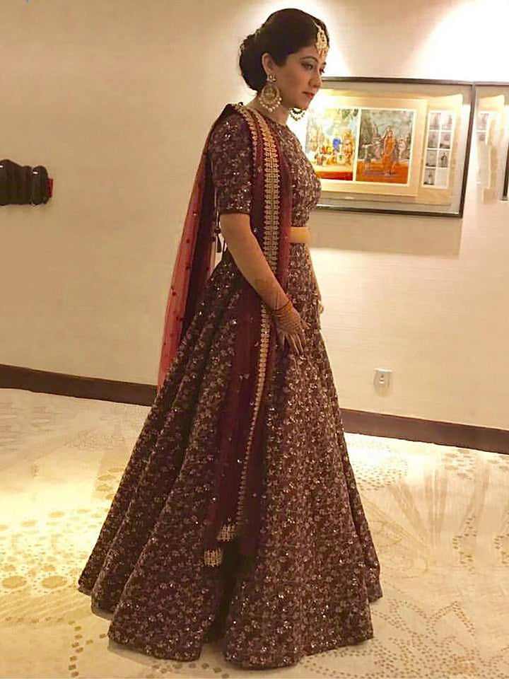 Maroon Colored Designer Heavy Embroidered Raw Silk Lehenga