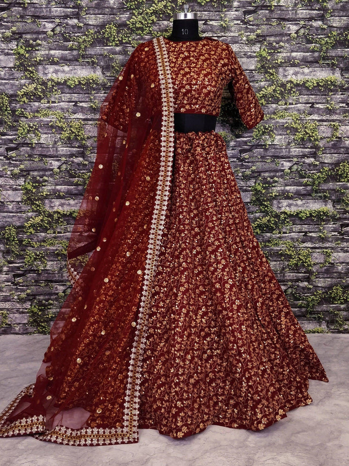 Maroon Colored Designer Heavy Embroidered Raw Silk Lehenga