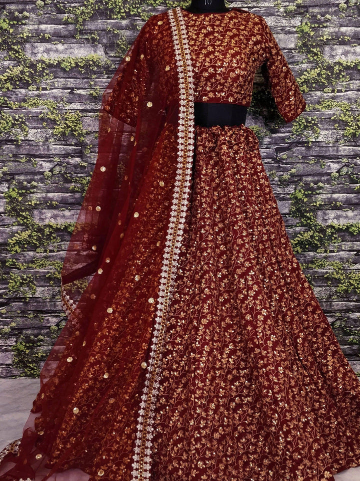 Maroon Colored Designer Heavy Embroidered Raw Silk Lehenga
