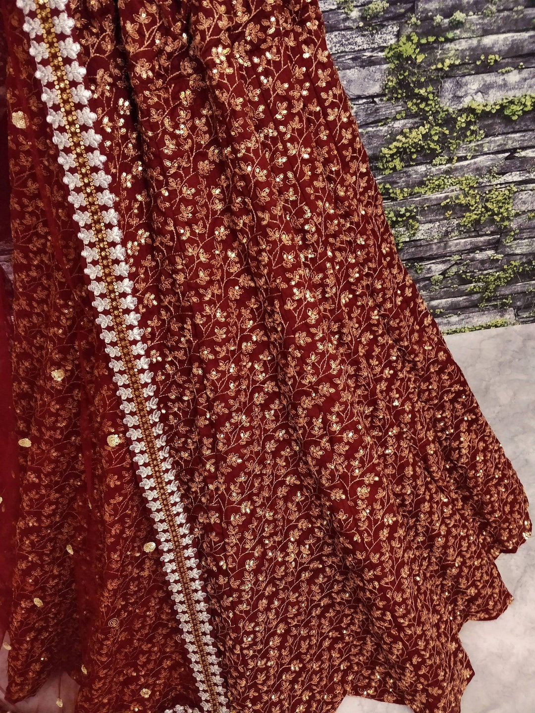 Maroon Colored Designer Heavy Embroidered Raw Silk Lehenga