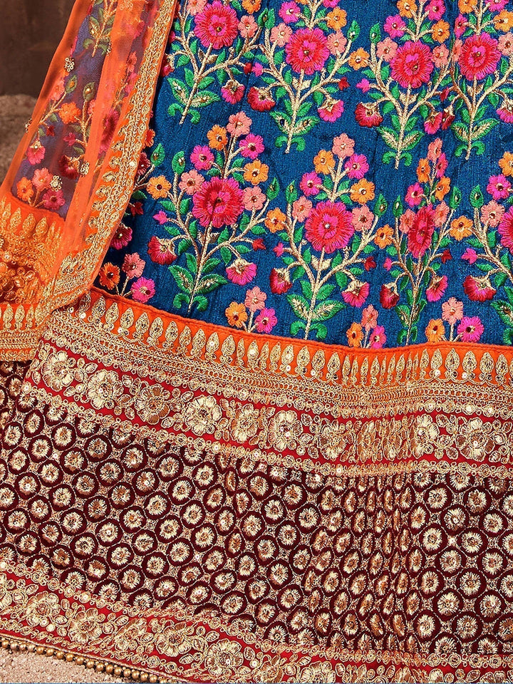 Blue-Red Colored Bridal wear Embroidered Lehenga Choli
