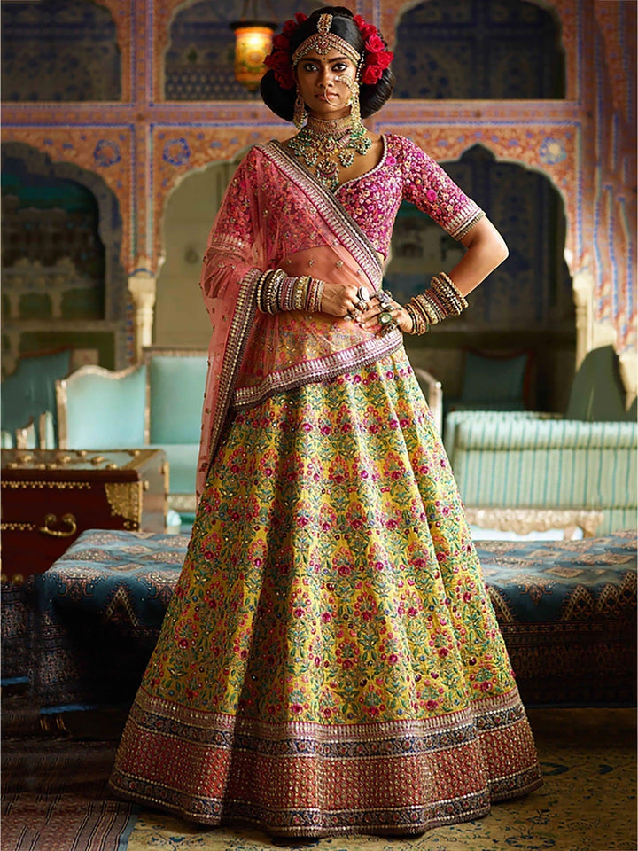 Yellow-Pink Colored Bridal wear Embroidered Lehenga Choli