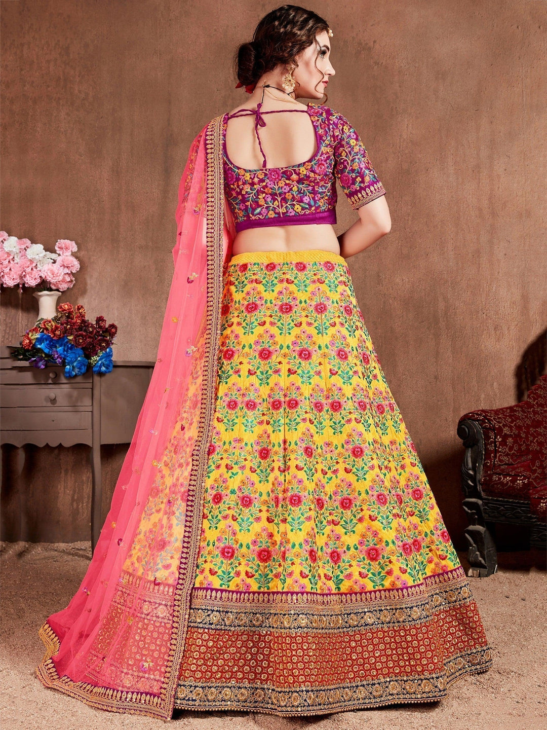 Flamboyant Yellow-Pink Colored Bridal wear Embroidered Lehenga Choli
