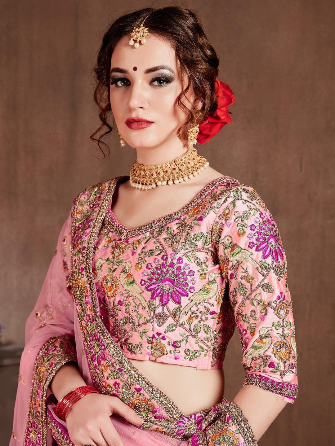peach Colored Bridal wear Embroidered Lehenga Choli