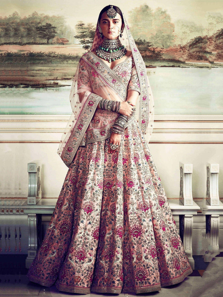 peach Colored Bridal wear Embroidered Lehenga Choli