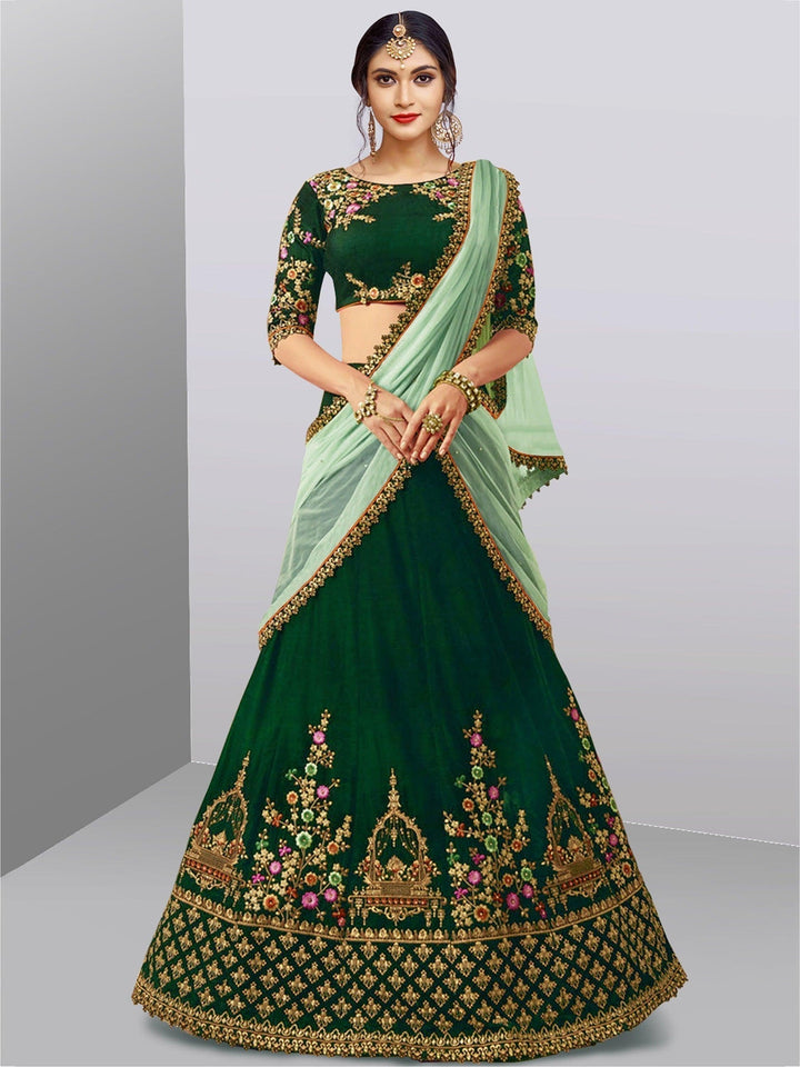 Dark Green Colored Party Wear Embroidered Lehenga Choli