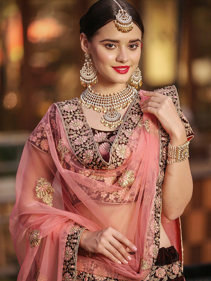 Maroon Colored Wedding Wear Embroidered Lehenga Choli