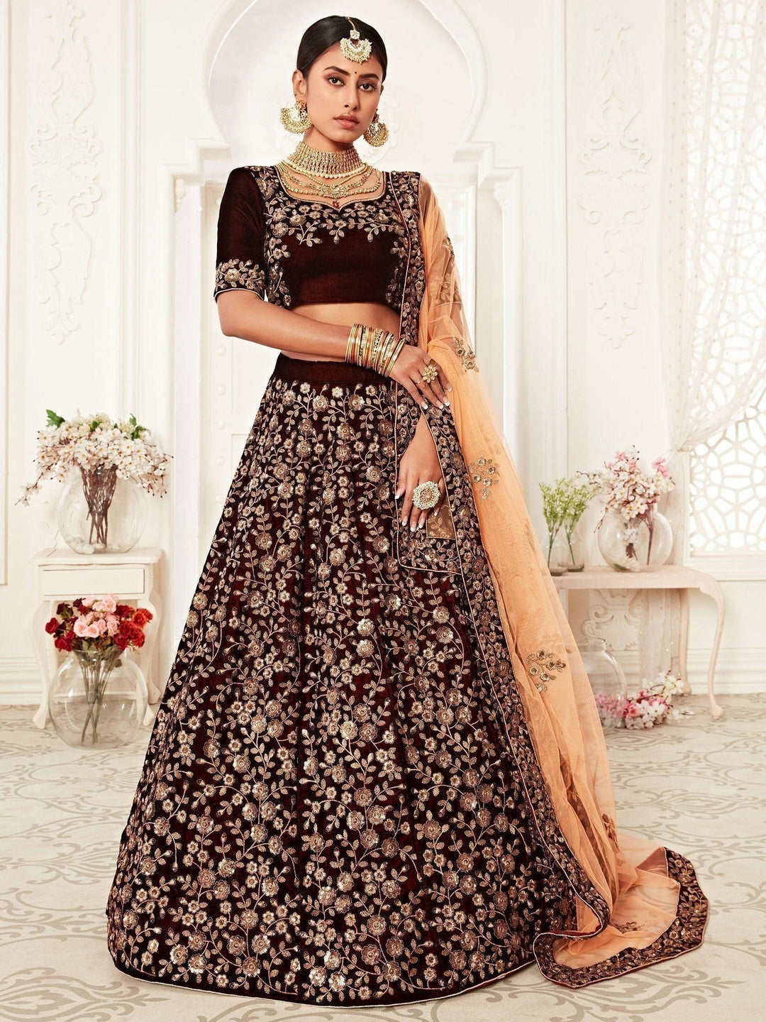 Maroon Embroidered Velvet Bridal Lehenga Choli