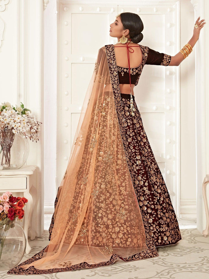 Maroon Embroidered Velvet Bridal Lehenga Choli