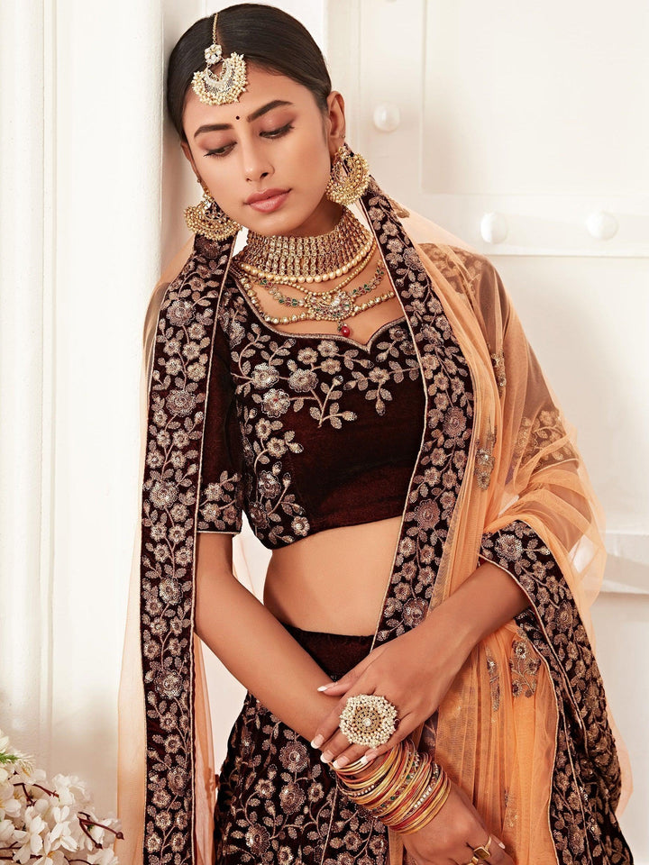 Trending Maroon Embroidered Velvet Bridal Lehenga Choli
