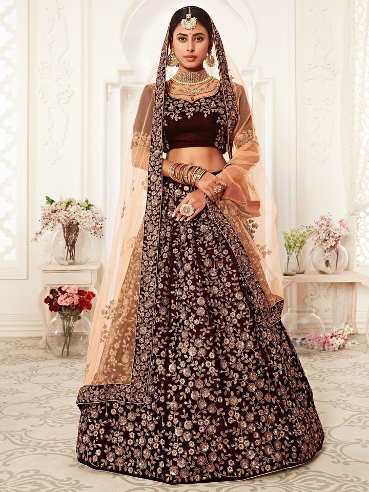 Maroon Embroidered Velvet Bridal Lehenga Choli