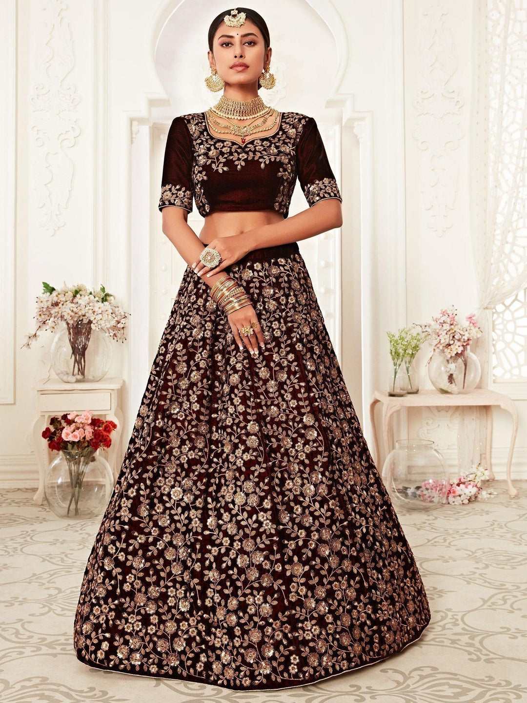 Trending Maroon Embroidered Velvet Bridal Lehenga Choli