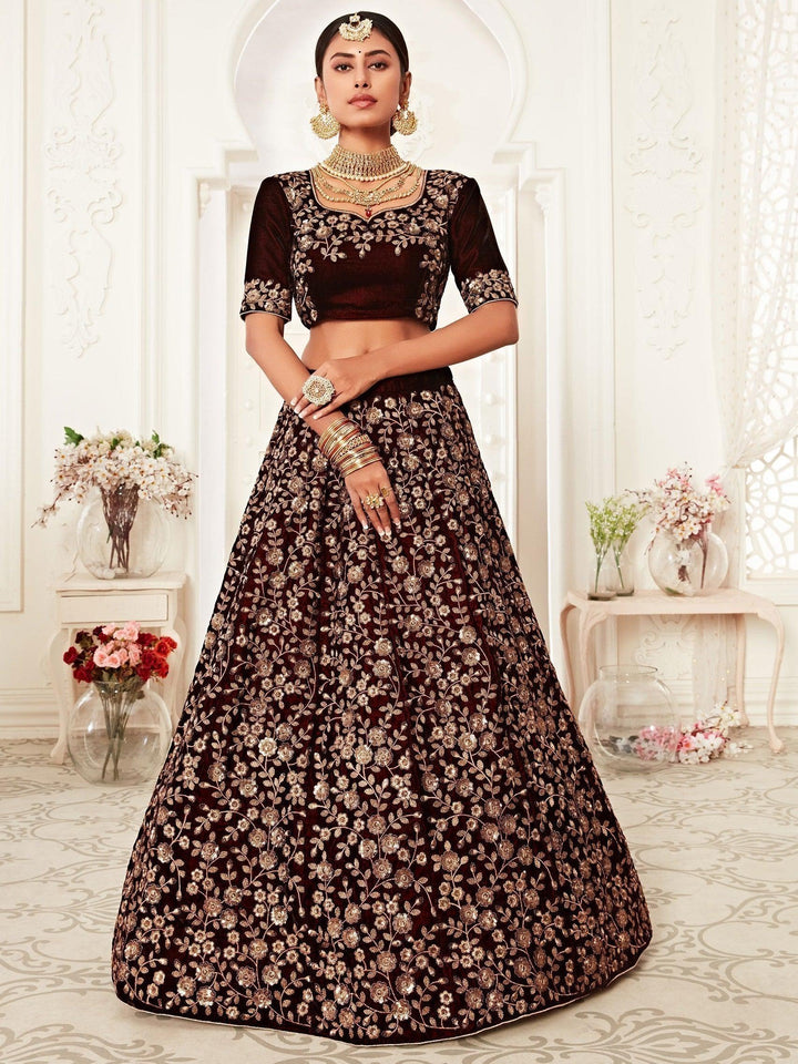Maroon Embroidered Velvet Bridal Lehenga Choli