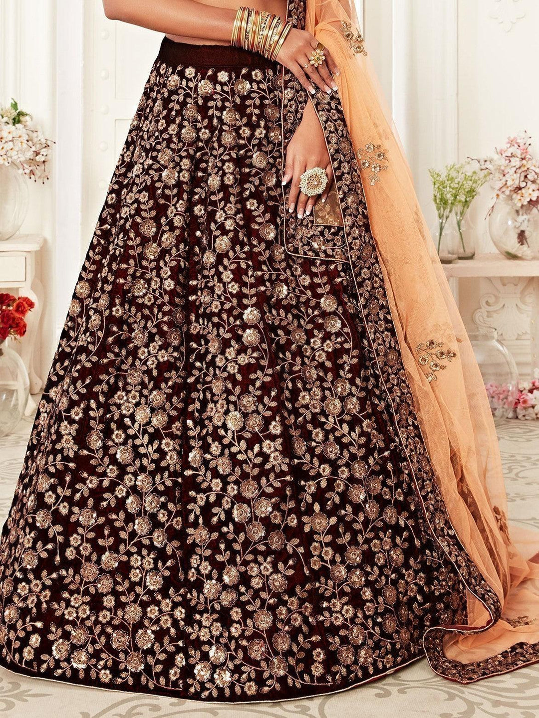 Trending Maroon Embroidered Velvet Bridal Lehenga Choli