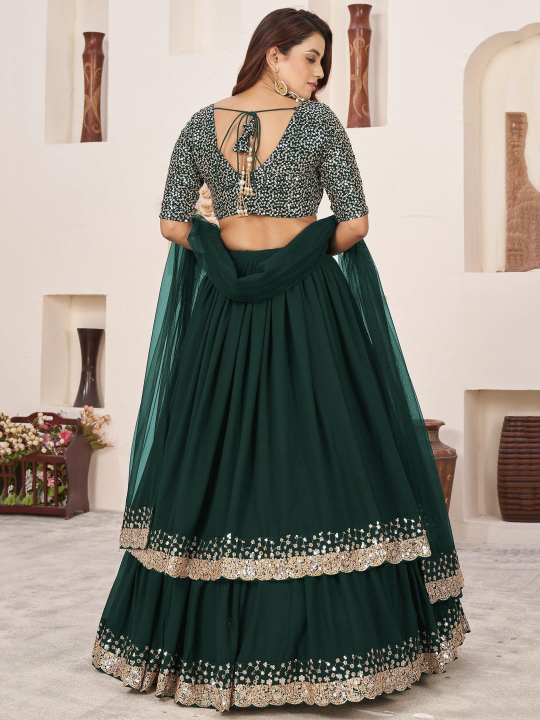 Green Sequins Georgette Wedding Wear Lehenga Choli