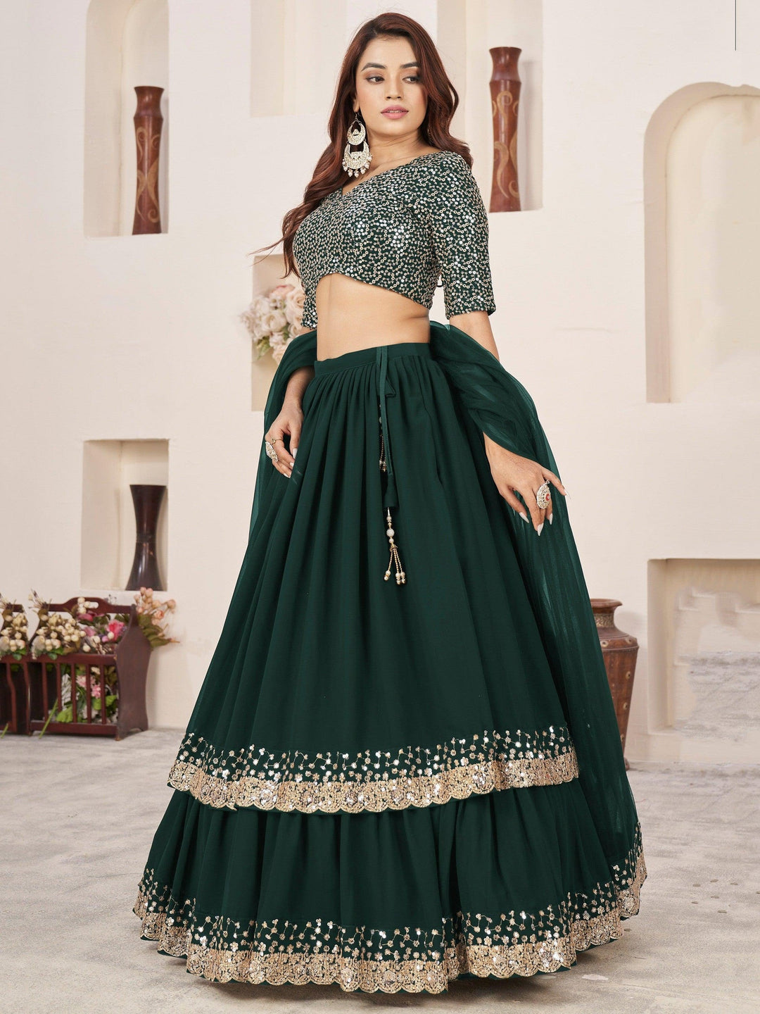 Green Sequins Georgette Wedding Wear Lehenga Choli