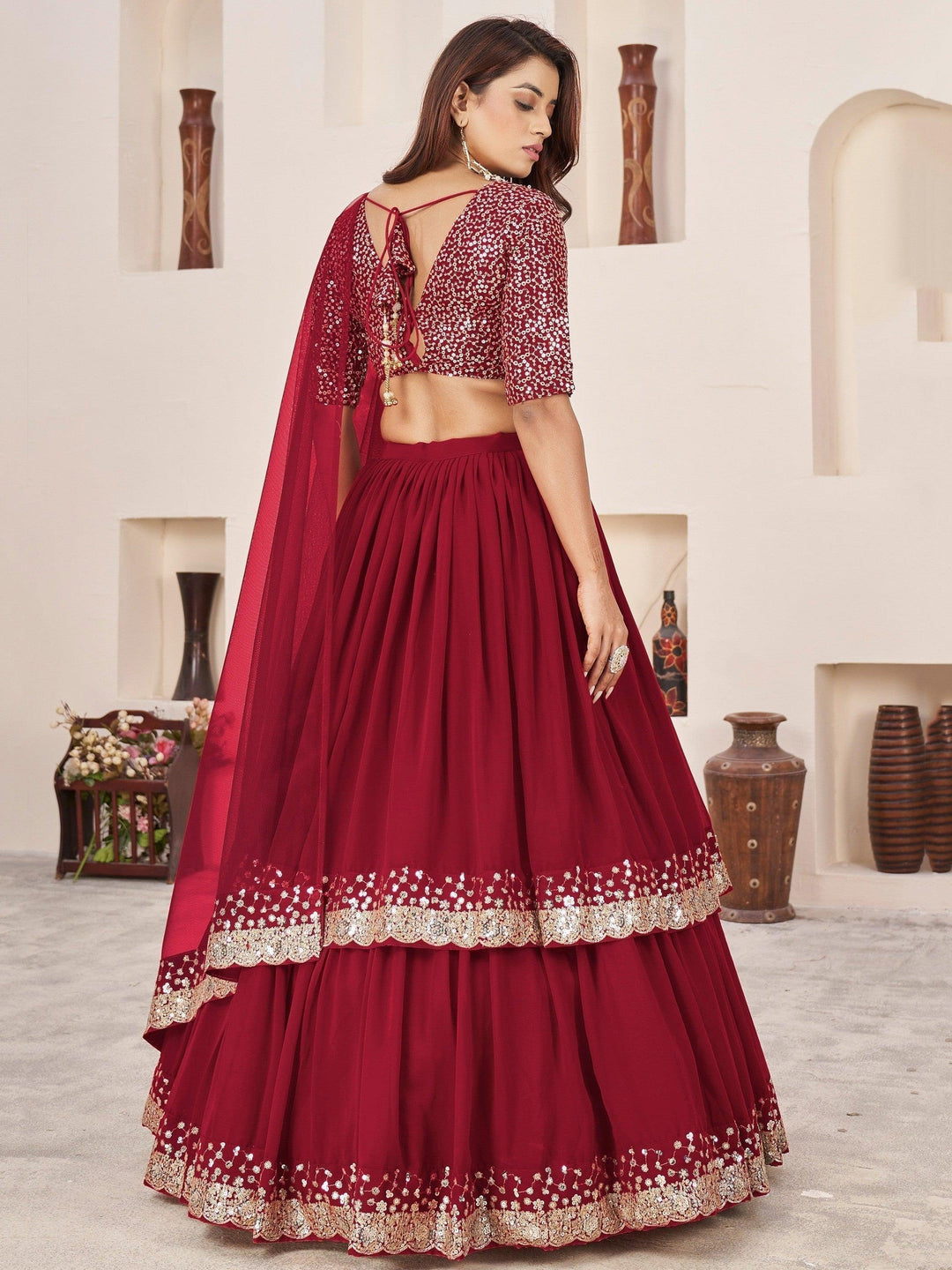 Red Sequins Georgette Engagement Wear Lehenga Choli