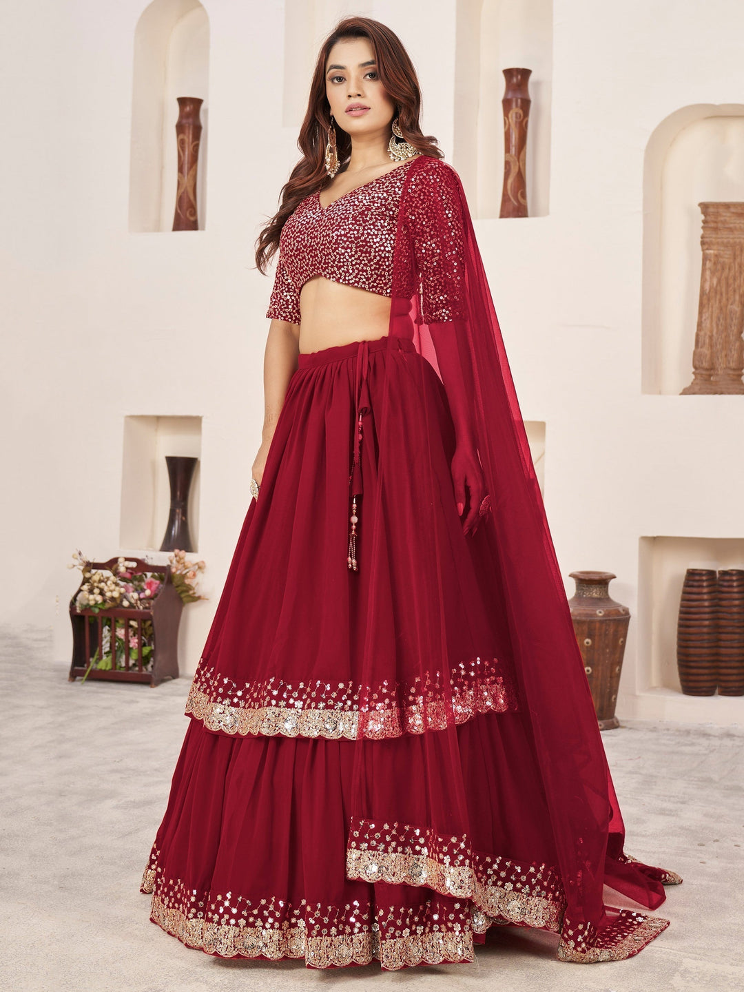 Red Sequins Georgette Engagement Wear Lehenga Choli