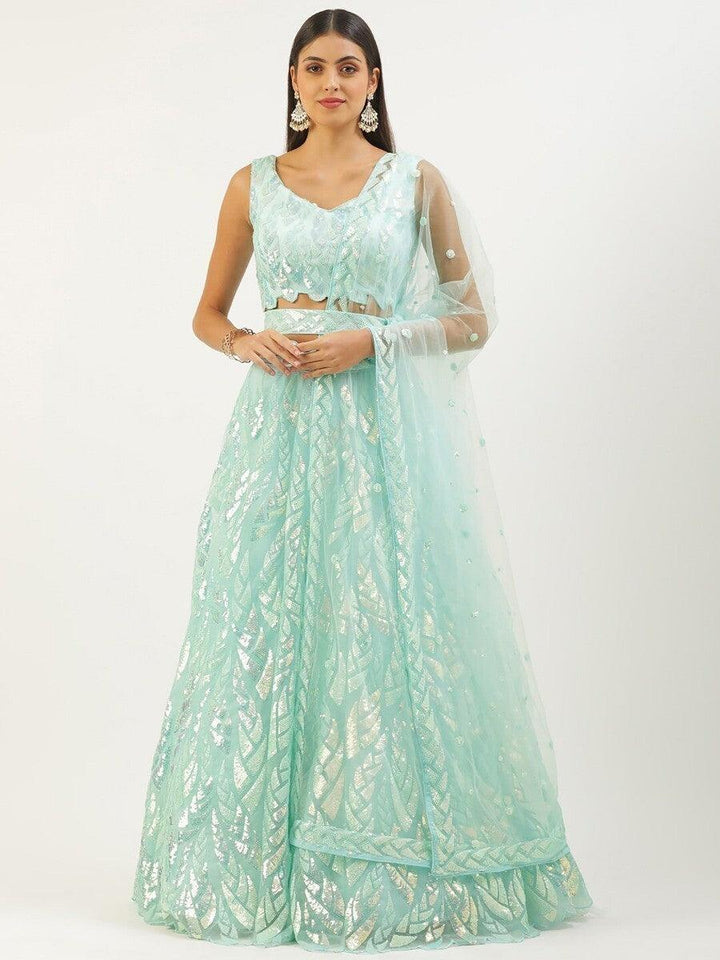 Sky Blue Sequins Net Designer Lehenga Choli With Dupatta