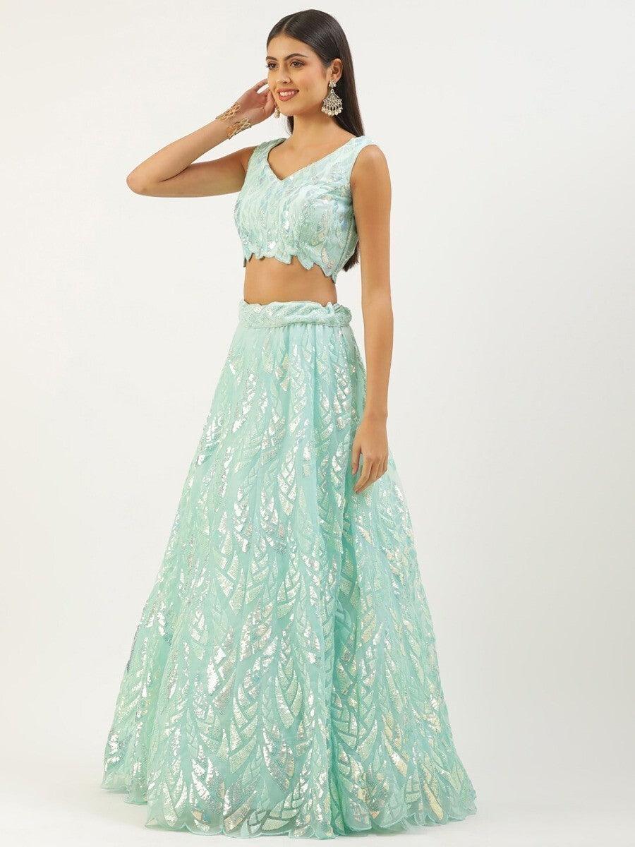 Sky Blue Sequins Net Designer Lehenga Choli With Dupatta