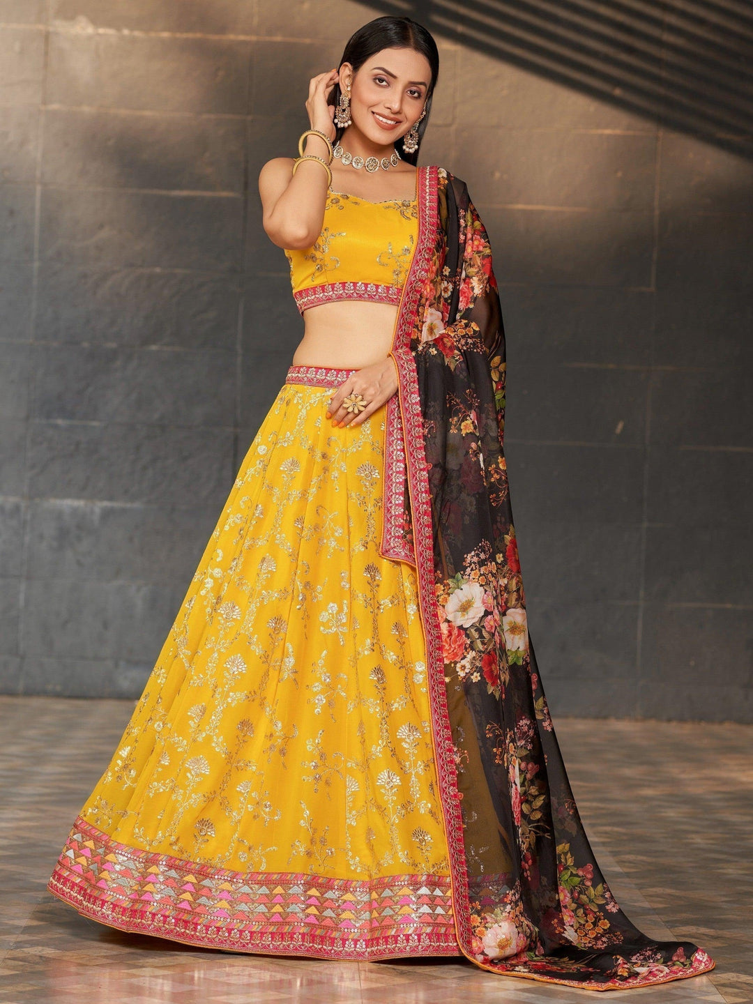 Yellow Sequins Georgette Haldi Wear Lehenga Choli