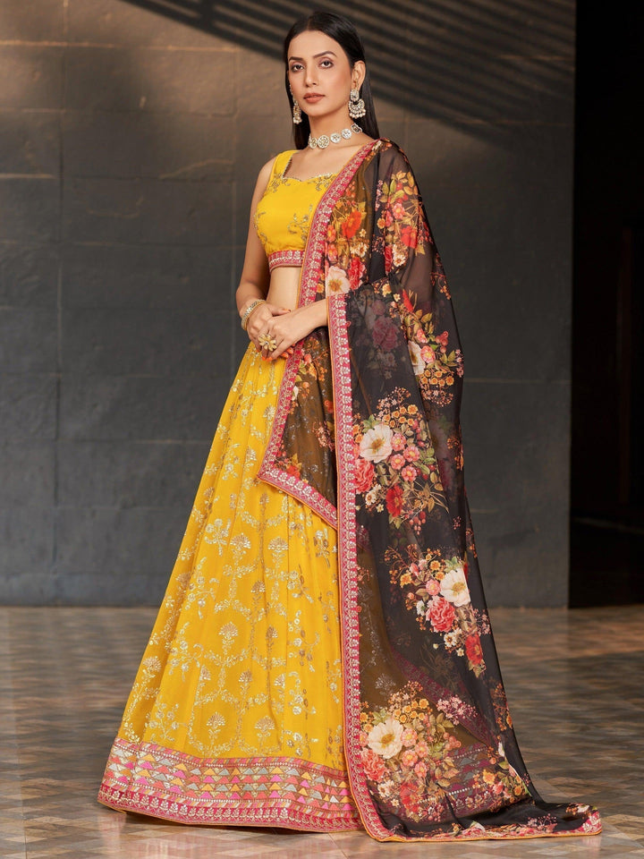 Yellow Sequins Georgette Haldi Wear Lehenga Choli