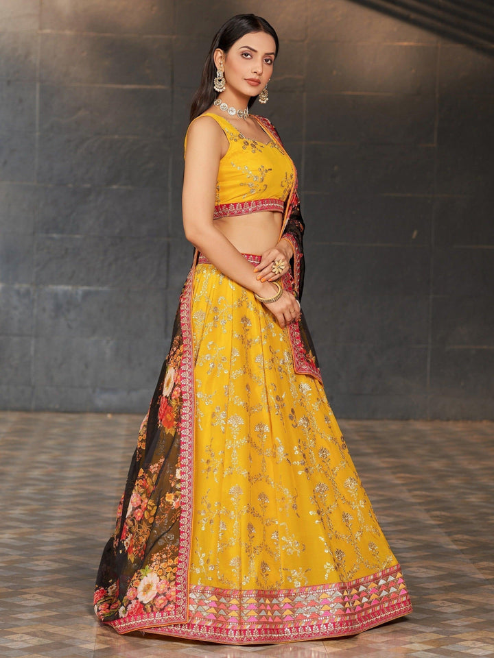 Yellow Sequins Georgette Haldi Wear Lehenga Choli