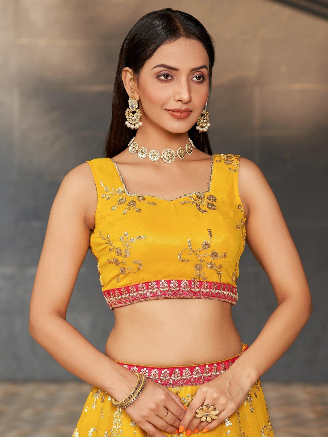Yellow Sequins Georgette Haldi Wear Lehenga Choli