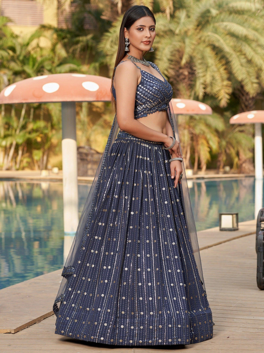 Grey Sequins Georgette Designer Lehenga Choli
