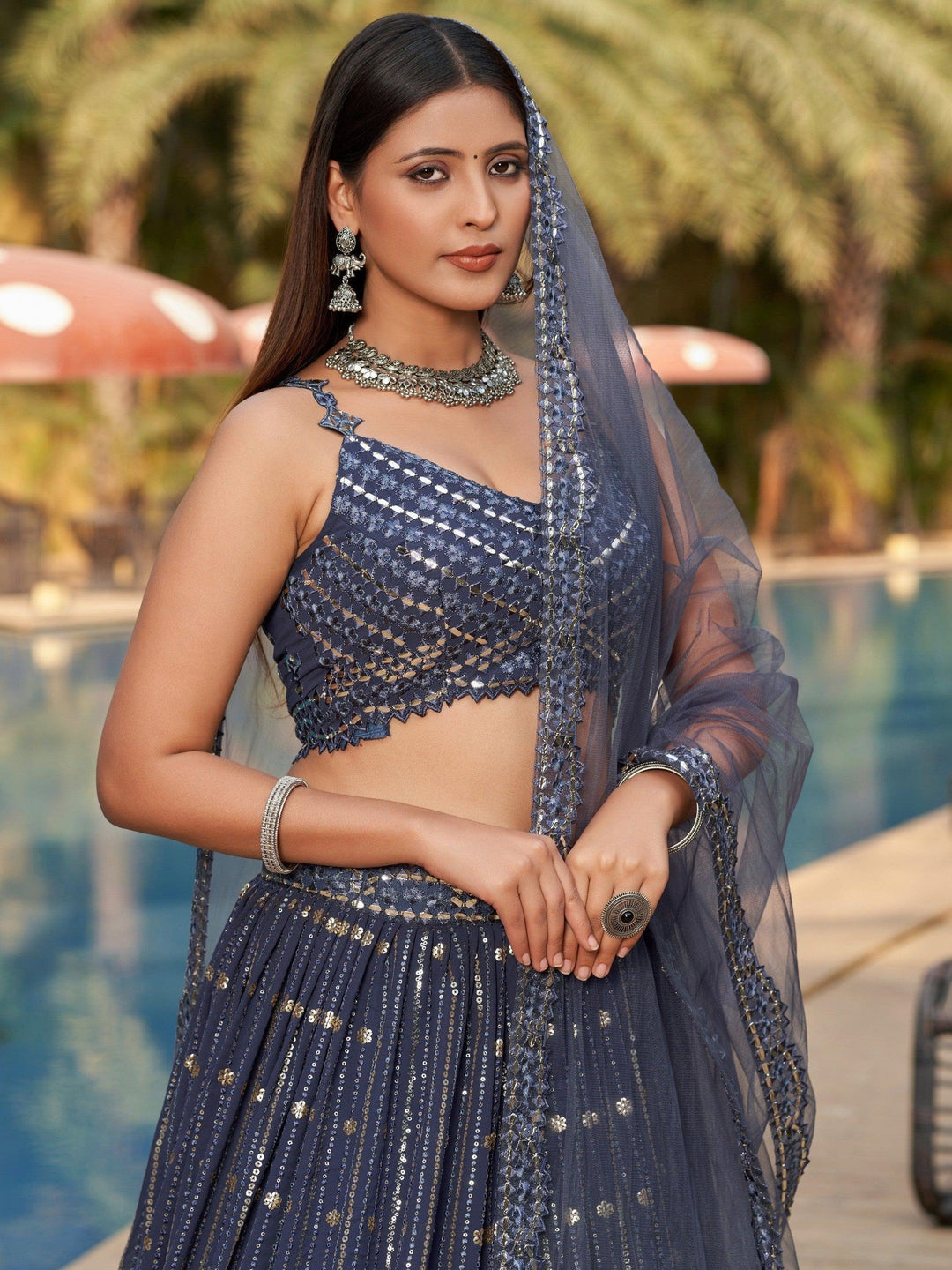Grey Sequins Georgette Designer Lehenga Choli