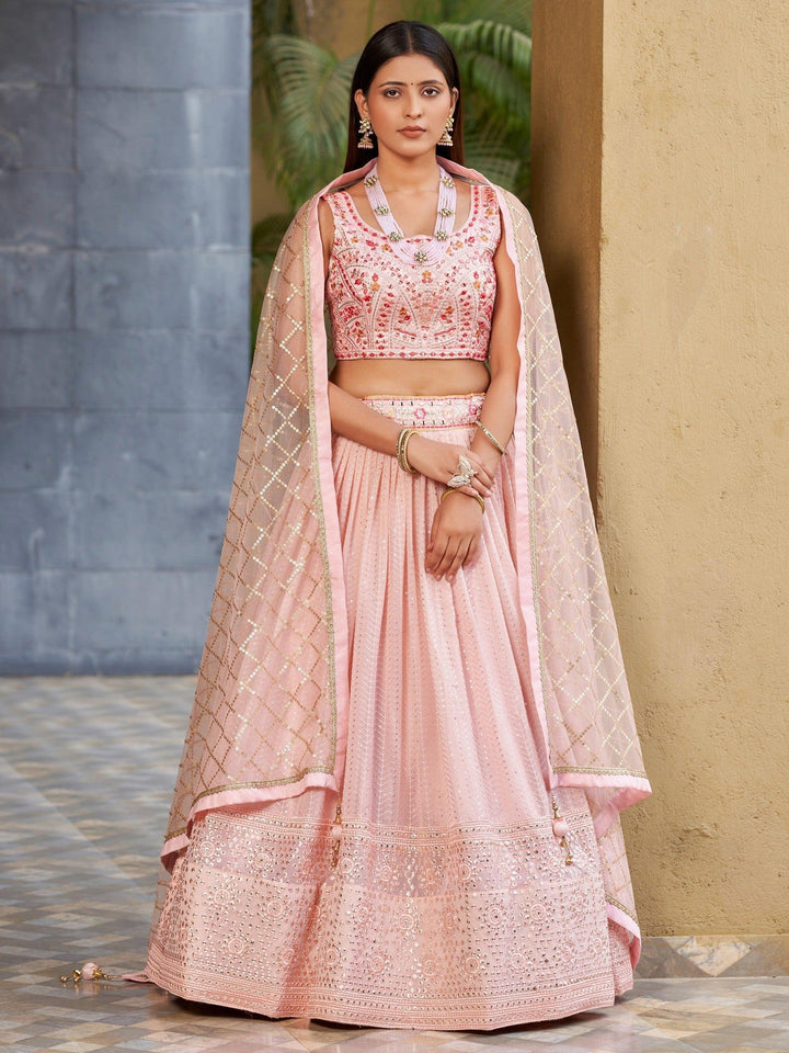 Pink Sequins Georgette Lehenga Choli With Dupatta