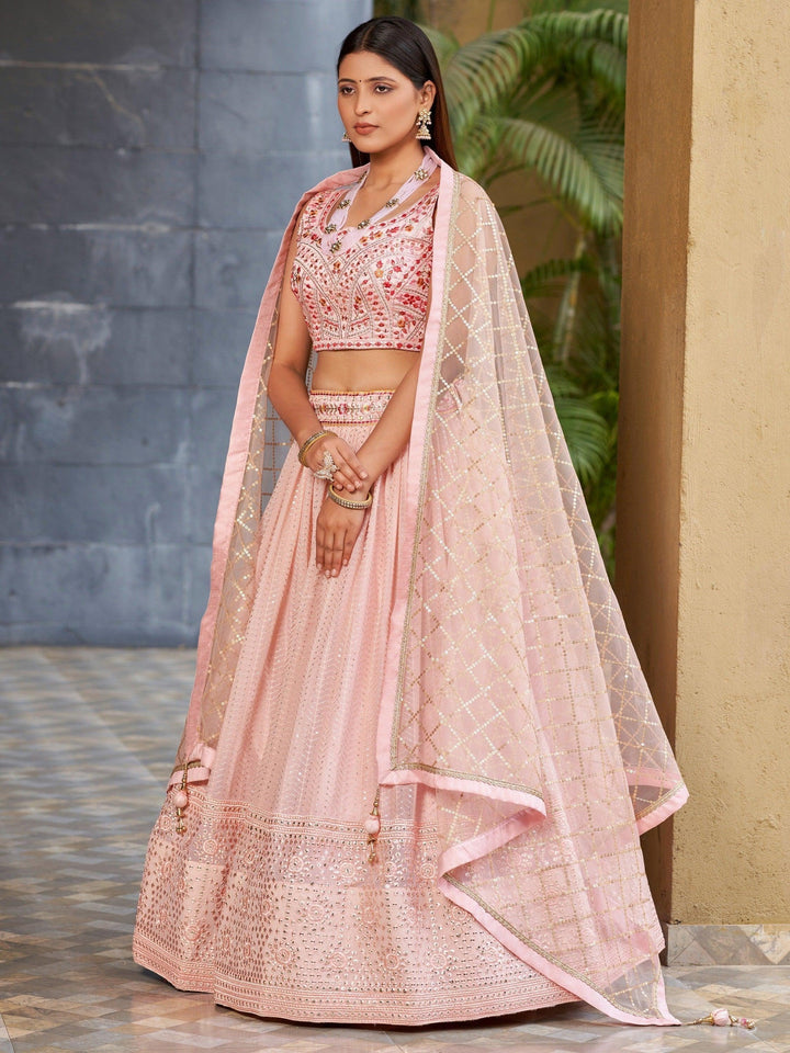 Pink Sequins Georgette Lehenga Choli With Dupatta