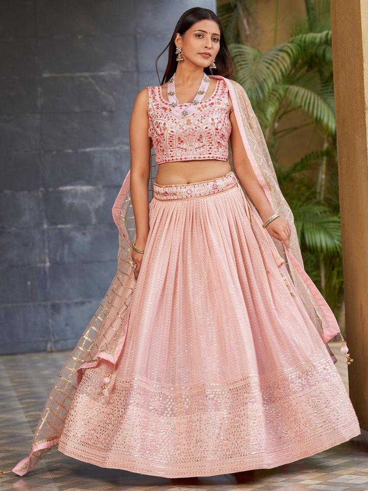 Pink Sequins Georgette Lehenga Choli With Dupatta