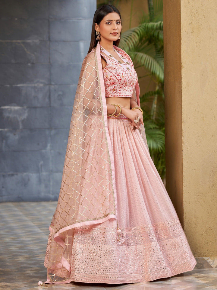 Pink Sequins Georgette Lehenga Choli With Dupatta