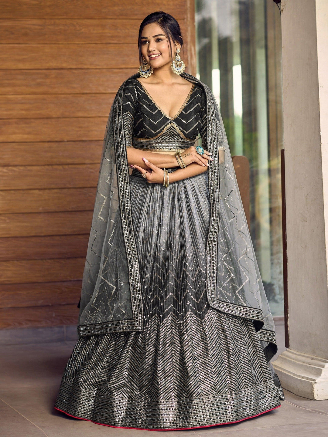 Black Sequins Chinon Events Wear Lehenga Choli With Dupatta